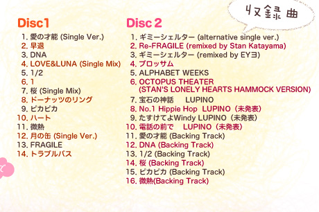 ^Disc1
1.̍˔\ (Single Ver.)/2. /3.DNA /4.LOVELUNA (Single Mix)/5.1/2 /6.1 /7. (Single Mix)/8.h[ibc̃O/9.sJsJ /10.n[g/11.M/12.̊ (Single Ver.)/13.FRAGILE/14.guoX
Disc2
1.M~[VF^[ (alternative single ver.)/2.Re-FRAGILE (remixed by Stan Katayama)/3.M~[VF^[ (remixed by EY)/4.ubT/5.ALPHABET WEEKS/6.OCTOPUS THEATER(STAN'S LONELY HEARTS HAMMOCK VERSION)/7.΂̐_b LUPINO/8.No.1 Hippie Hop LUPINOi\j/9.ĂWindy LUPINOi\j/10.db̑O LUPINOi\j/11.̍˔\ (Backing Track)/12.DNA (Backing Track)/13.1/2 (Backing Track)/14. (Backing Track)/15.sJsJ (Backing Track)/16.M(Backing Track)