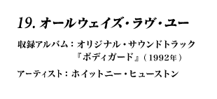 19.オールウェイズ・ラヴ・ユー 収録アルバム：オリジナル・サウンドトラック『ボディガード』(1992年) アーティスト：ホイットニー・ヒューストン