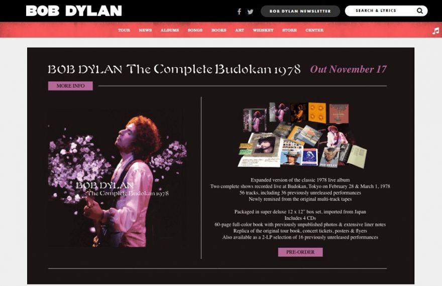 海外オフィシャルサイトBob Dylan.comのTOP画面