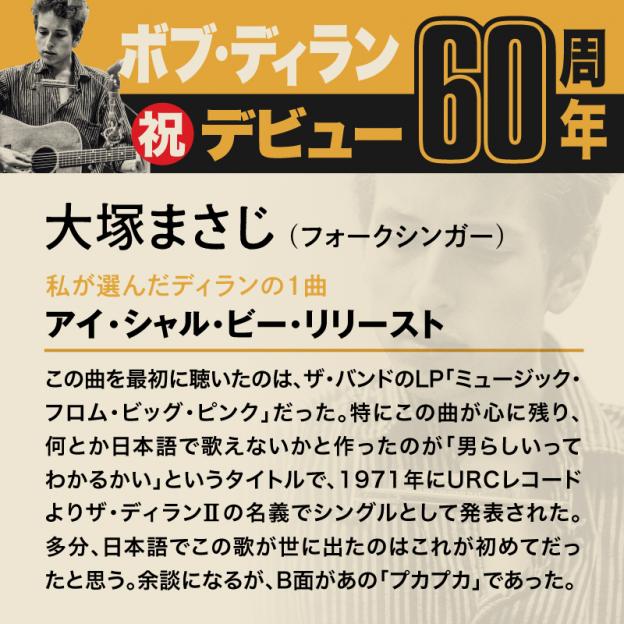 コメント3-2大塚まさじ アイ・シャル・ビー・リリースト「この曲を最初に聴いたのは、ザ・バンドのLP「ミュージック・フロム・ビッグピンク」だった。特にこの曲が心に残り、何とか日本語で歌えないかと作ったのが「男らしいってわかるかい」というタイトルで、1971年にURCレコードよりザ・ディランⅡの名義でシングルとして発表された。多分、日本語でこの歌が世に出たのはこれが初めてだったと思う。余談になるが、B面があの「プカプカ」であった。」